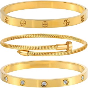Gold Stackable Bracelets for Women - 3 Piece Stainless Steel Bangles with Love & Friendship Theme, Crystal Accents - 1 of 4