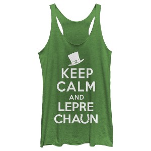 Women's Lost Gods St. Patrick's Day Keep Calm and Leprechaun Racerback Tank Top - 1 of 4