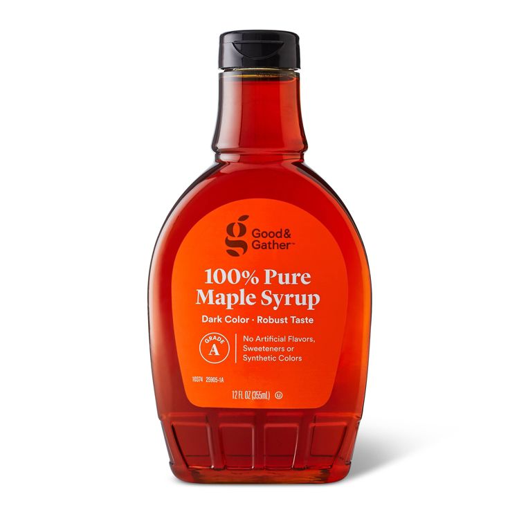 A bottle of Good & Gather 100% Pure Maple Syrup with dark color and robust taste, labeled as Grade A, containing 12 fl oz (355 ml).