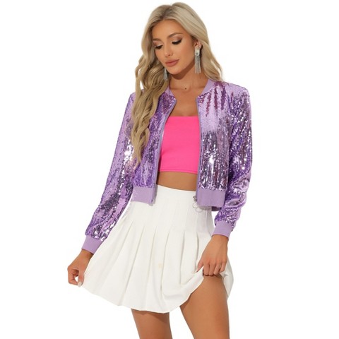 INSPIRE CHIC Women's Sequin Long Sleeve Glitter Shiny Party Bomber Jacket Medium Light Purple