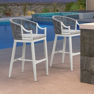 PURPLE LEAF Outdoor Bar Stools Set of 2 Patio Wicker Modern High Bar Chairs Metal Cushioned Barstools with Backs and Ergonomic Armrest - 1 of 1