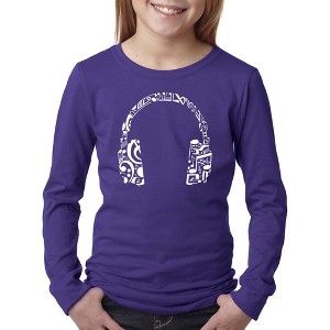 LA Pop Art Girl's Word Art Long Sleeve - Music Note Headphones - 1 of 4