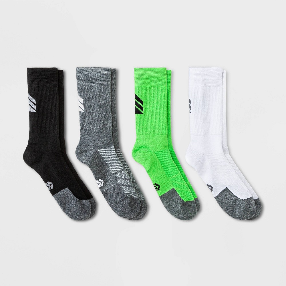 size 6-12 Men's Running Crew Socks 4pk - All in Motion Green/Black/Gray/White 