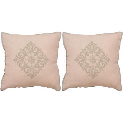 Petal Pink Embroidered Linen Square Pillow Set