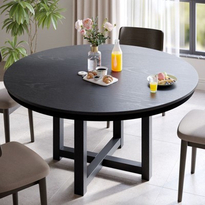 PexFix 52" x 52" Solid Wood Farmhouse Dining Table Round Wood Texture Top with Cross X Base for Modern Dining Rooms & Family Gatherings Black