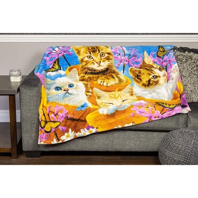 Garden Wonder Kittens Fleece Throw Blanket with Floral Design