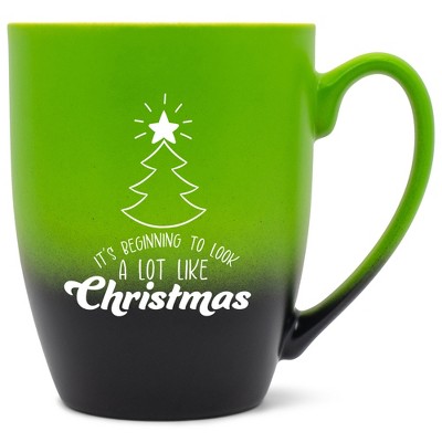 Elanze Designs It's Beginning To Look A Lot Like Christmas Two Toned Ombre Matte Green and Black 12 ounce Ceramic Stoneware Coffee Cup Mug