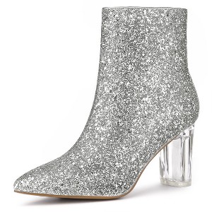 Allegra K Women's Zip Closure Pointed Toe Clear Block Heel Halloween Glitter Ankle Booties - 1 of 4