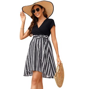 BLUEMING BLUEMING Womens Maternity High Waist Belted Wrap Dress Flowy A Line Color Block Fit Flared Dress - 1 of 4