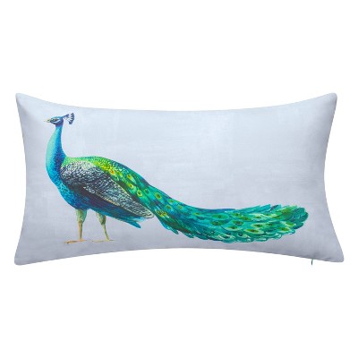 Embroidered Dramatic Peacock Rectangular Indoor/Outdoor Throw Pillow Sky - Edie@Home