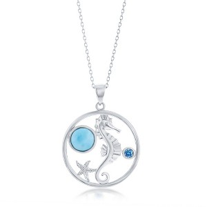 Caribbean Treasures Sterling Silver Seahorse, Round Larimar & Blue CZ 18" Pendant Necklace - Blue - 1 of 2