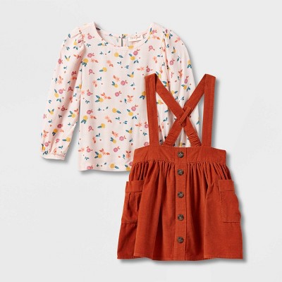 Toddler Girls' Long Sleeve Floral Top & Corduroy Skirtall Set - Cat & Jack™ Orange