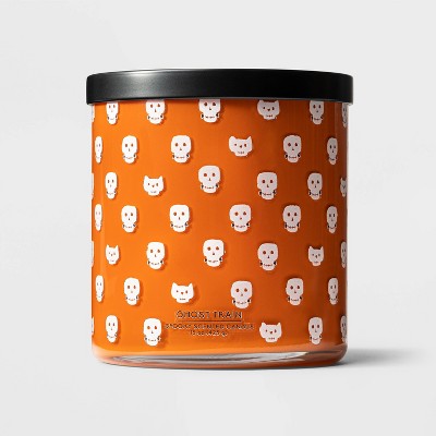 15oz 3-Wick Glass Jar Skull & Cat Print Ghost Train Candle Orange - Hyde & EEK! Boutique™