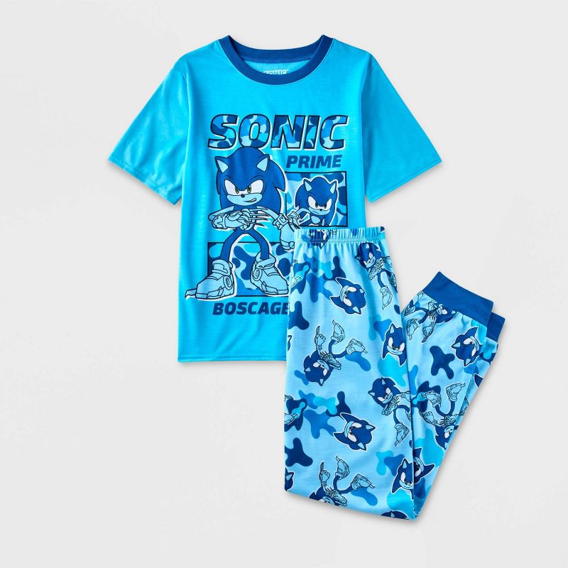 Boys&#39; Sonic the Hedgehog 2pc Short Sleeve Top and Jogger Pajama Set - Blue, 1 of 4