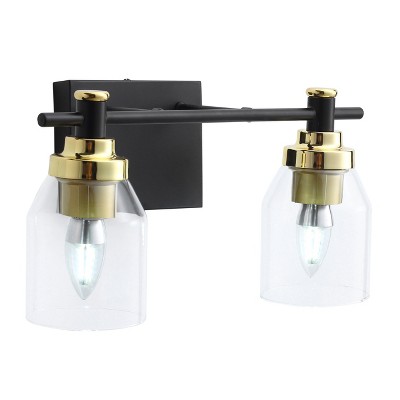 Dewdrop Modern Gold and Black Vanity Light, 2-Light Wall Sconce with Clear Glass Shades for Bathroom