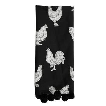 Chicken Pattern 27 x 18 Inch Woven Kitchen Tea Towel with Hand Sewn Pom Poms - Foreside Home & Garden