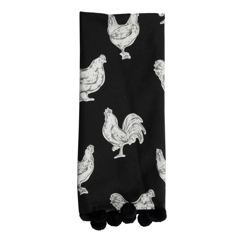 Chicken Pattern 27 x 18 Inch Woven Kitchen Tea Towel with Hand Sewn Pom Poms - Foreside Home & Garden, 1 of 6