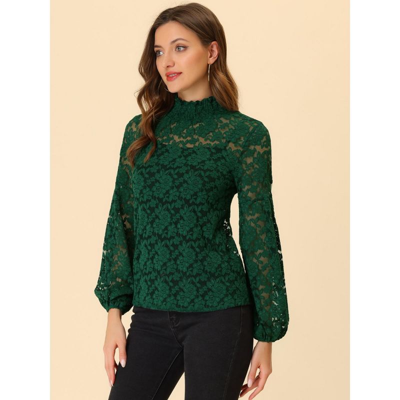 Allegra K Women's See Through Mock Neck Long Sleeve Floral Lace Blouse, 3 of 7
