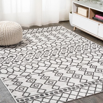 Kafel Ivory and Black Geometric Bohemian Indoor/Outdoor Rug