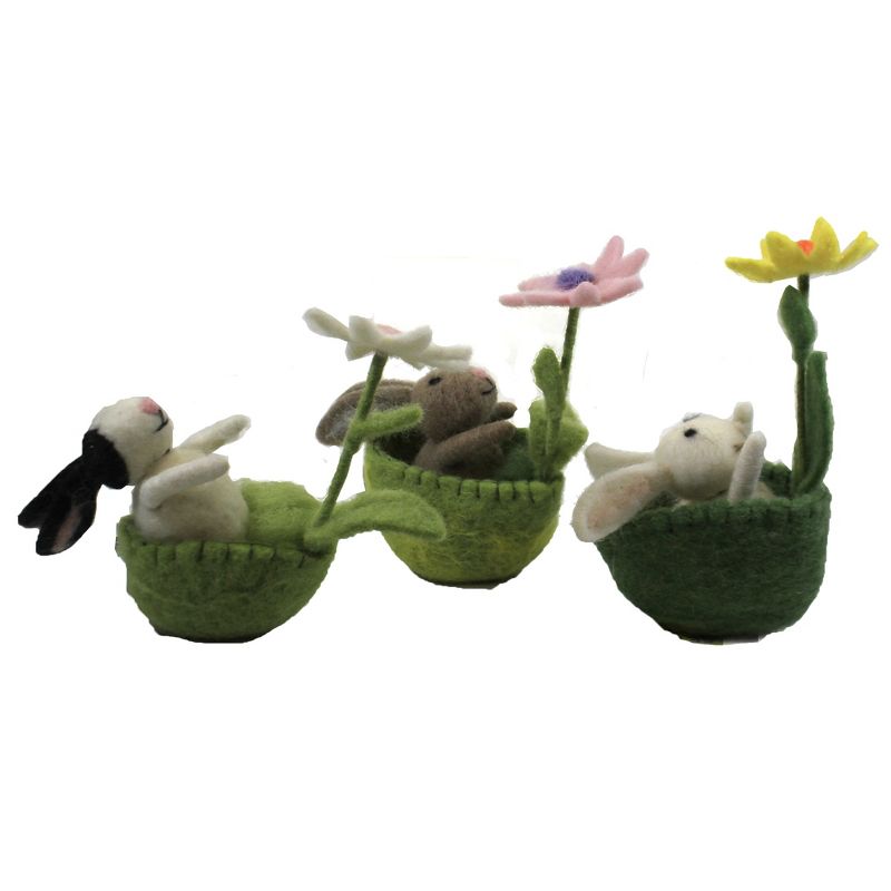 5.5 Inch Wool Bunny In Basket Set / 3 Rabbit Vintage Spring Flower Figurines, 3 of 4