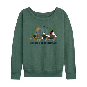 Women's - Disney - Mickey Donald Pluto Hiking The High Road Lightweight French Terry Wide Neck Long Sleeve Shirt - 1 of 4