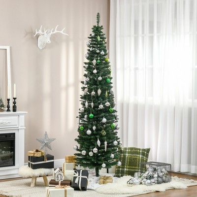 7' Artificial Pencil Christmas Tree, Slim Xmas Tree with 499 Realistic Branch Tips and Plastic Stand, Green