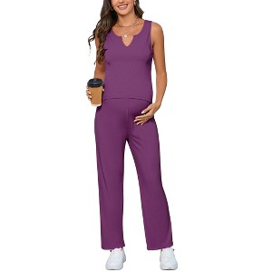 Clearlove Two Piece Rib Knit Outfits Sets Sleeveless Tops V Neck Wide Leg Pants Lightweight Summer Lounge Matching Sets - 1 of 4