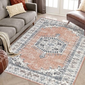Living Room Rug Washable Vintage Medallion Carpet Non Slip Low Pile Distressed Throw Mat for Dining Room Home Office Decor - 1 of 4