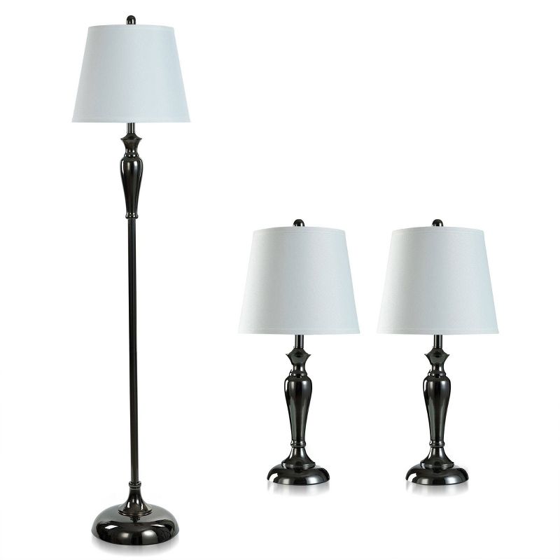 2 Table Lamps and 1 Floor Lamp Black Nickel with White Hardback Shades - StyleCraft, 1 of 6