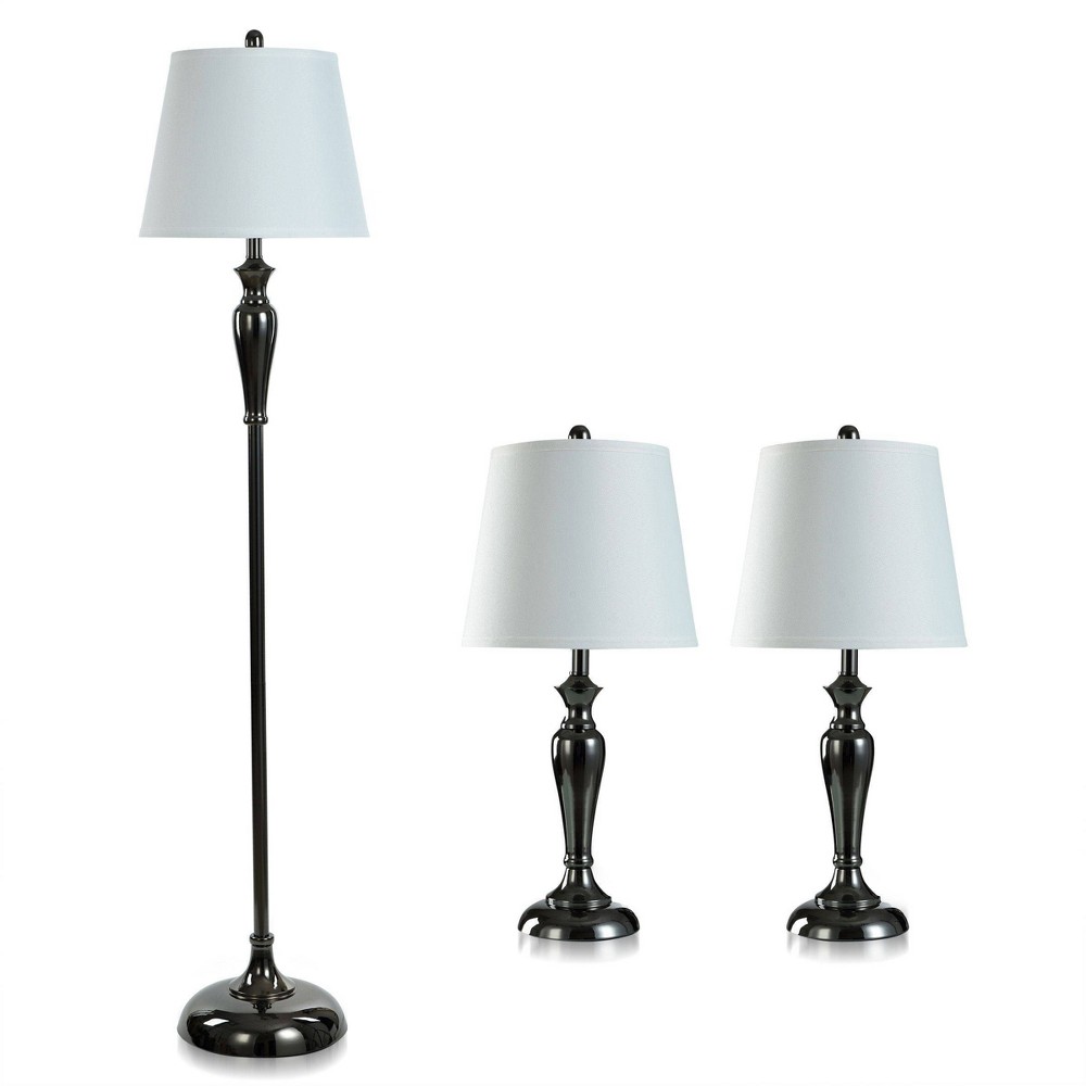 Photos - Floodlight / Street Light 2 Table Lamps and 1 Floor Lamp Black Nickel with White Hardback Shades - S