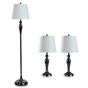 2 Table Lamps and 1 Floor Lamp Black Nickel with White Hardback Shades - StyleCraft