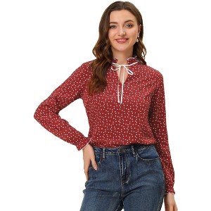 Allegra K Women's Bow Tie Neck Ruffled Collar Printed Long Sleeve Vintage Blouse - 1 of 4