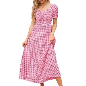 Clearlove Women's Square Neck Puff Sleeve Smocked Waist Gingham Dress Summer Mini Dress with Shirred Bust - 1 of 4