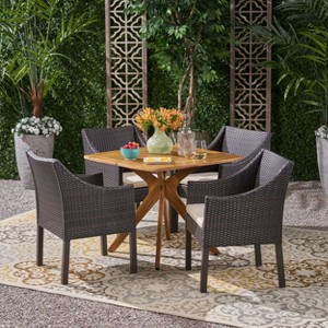 Christopher Knight Home Taquile Outdoor Acacia Wood and Wicker 5 Piece Dining Set with Cushion, Teak/Multibrown - 1 of 4