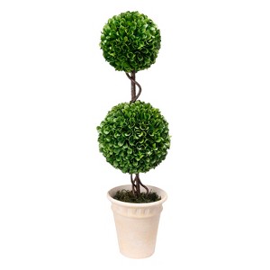 Gulches D7x22"H Two-Tiered Faux Boxwood Sphere Topiary in Cream Pot - 1 of 4