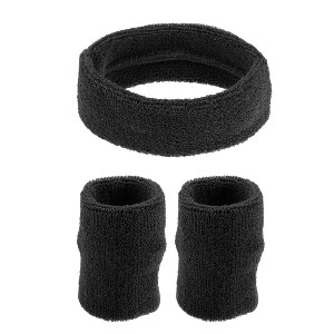 Unique Bargains Stretchy Cotton Blend Sweat Absorbing Sport Headband Wristband Black 3 pcs - 1 of 4