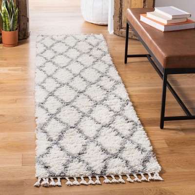 Ivory and Light Grey Diamond Pattern Synthetic Shag Runner Rug