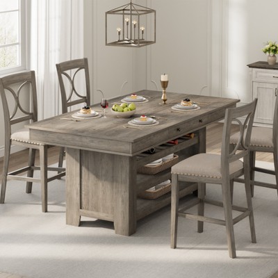 Counter Height Dining Table for 4-6, Farmhouse Wood Dining Table with 2 Drawer Deep Wine Rack, Kitchen Island with 3 Shelves