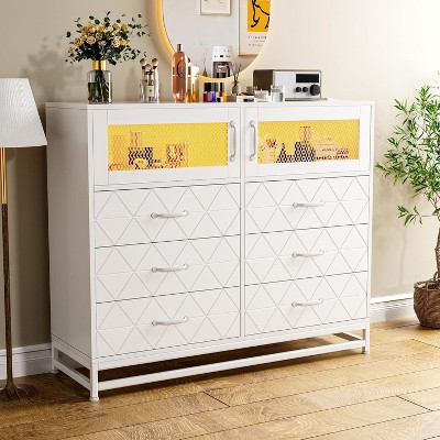 8 Drawer Dresser for Bedroom with 2-Door Cabinet, LED Lights, Charging Station, Tall Storage Organizer Chest for Living Room/Hallway/Entryway