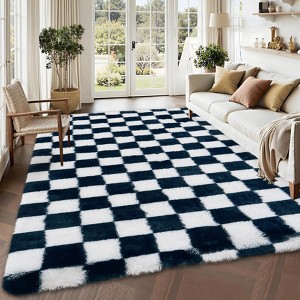 Fluffy Runner Rug Ultra-Soft Shaggy Carpet Runner with Non-Slip Backing, Modern Checkerboard Hallway Rug - 1 of 4