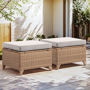 Buenhomino Patio Wicker Ottomans Set of 2, Multipurpose Outdoor Ottomans for Patio, Additional Seating, Footrest, Side Table, Removable Cushions - 1 of 4