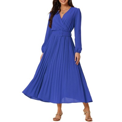 Seta T Women's Long Lantern Sleeve Wrap V Neck Flowy Ruffle Pleated Maxi Dresses