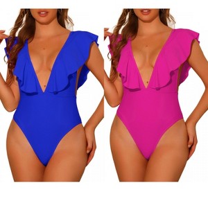 INSPIRE CHIC Women's V Neck Ruffled High Cut Tummy Control Monokini Swimwear Bathing Suit 2 Sets Large Hot Pink, Royal Blue - 1 of 4