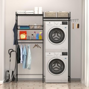 Height Adjustable Over Washer and Dryer Shelves, Clothes Drying Rack with Hamper & Hooks, Space Saving Laundry Room Organization and Storage, Black - 1 of 4