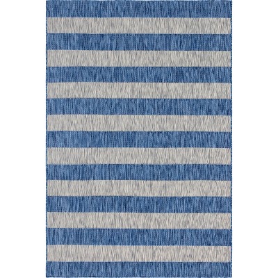 Coastal Breeze Blue and Ivory Stripe 6' x 9' Easy-Care Outdoor Rug