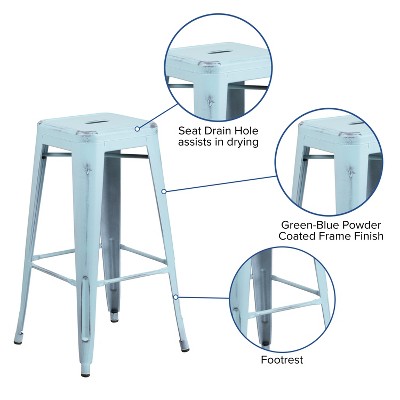 30" Distressed Green-Blue Metal Backless Bar Stool
