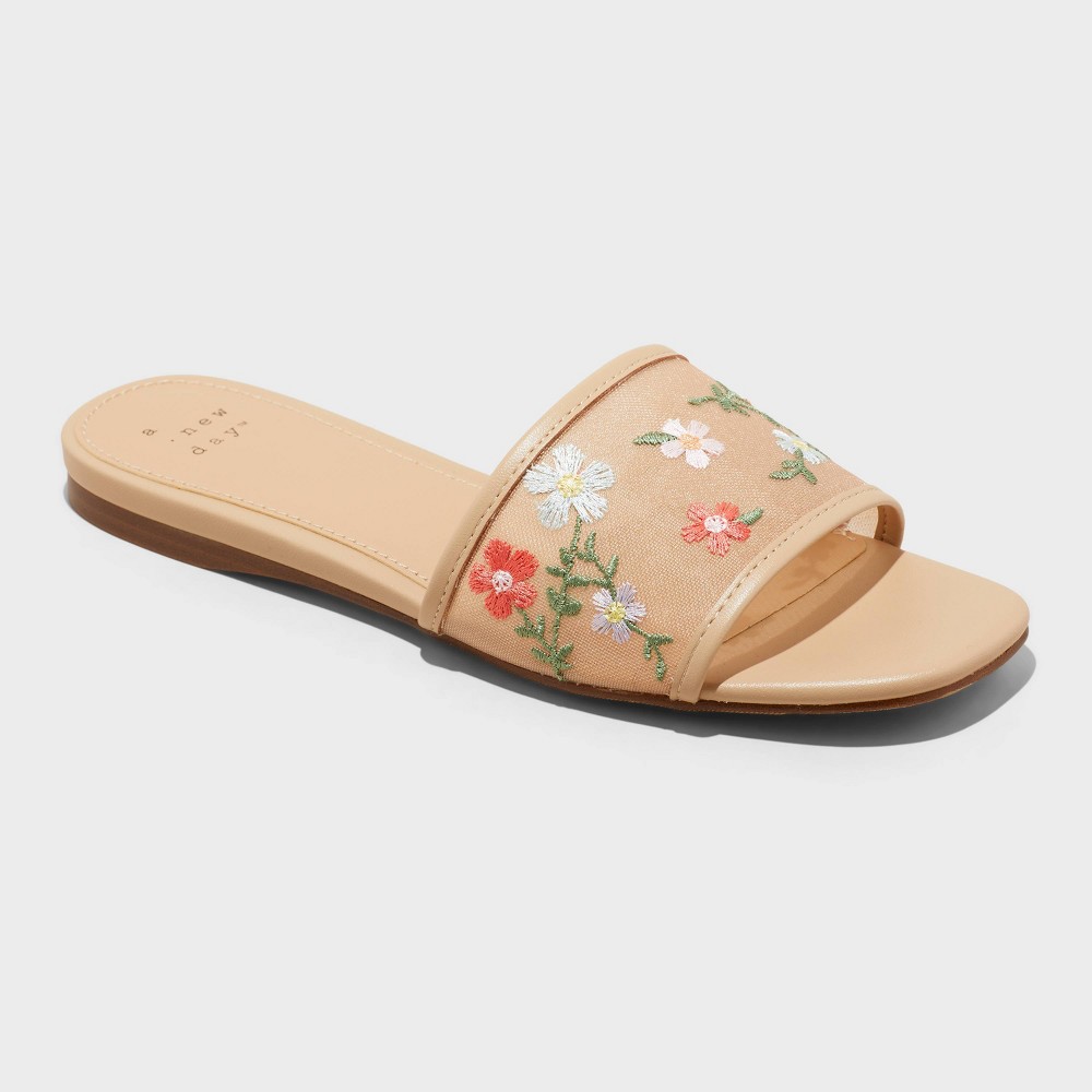 Women's Elain Floral Embroidered Mesh Slide Sandals with Memory Foam Insole - A New Day™ Tan 8: Open Toe, Slip On