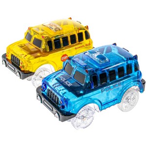 5 Star Super Deals 2 Magic Twister Flexible Glow In the Dark Race Car Track Vehicles - UK English School Bus & Police Truck - 1 of 4
