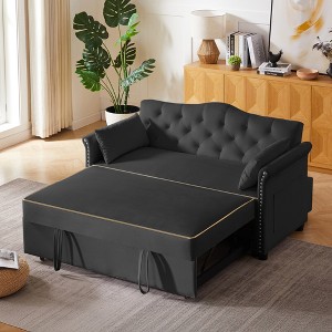 Velvet Sleeper Sofa Bed with Convertible Backrest, Tufted Back and Nailhead Trim Armrests - 1 of 4