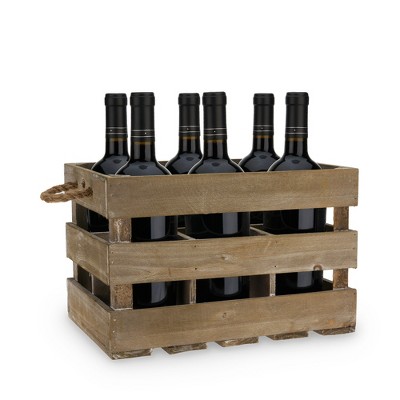 Twine 4281 Farm House Decor, Wood Wine Holder Rustic Farmhouse Wooden 6 Bottle Crate, Dark wood